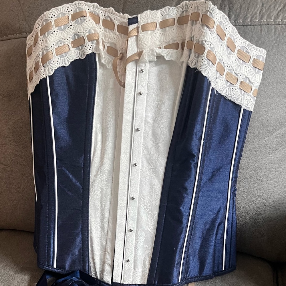 Blue with brown trim Corset. Brand new in its original plastic.
